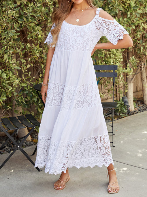 Maxikleid mit Blumenstickerei und Carmenausschnitt