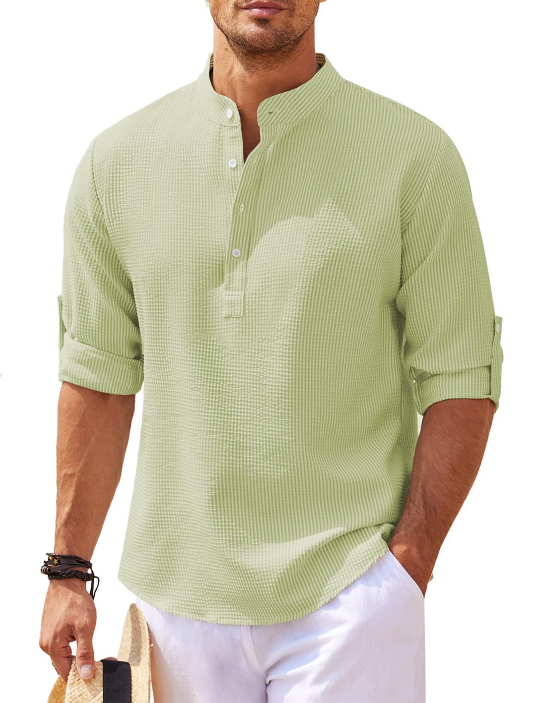 Herren Stehkragen Hemd mit offener Knopfleiste Freizeithemden Tops