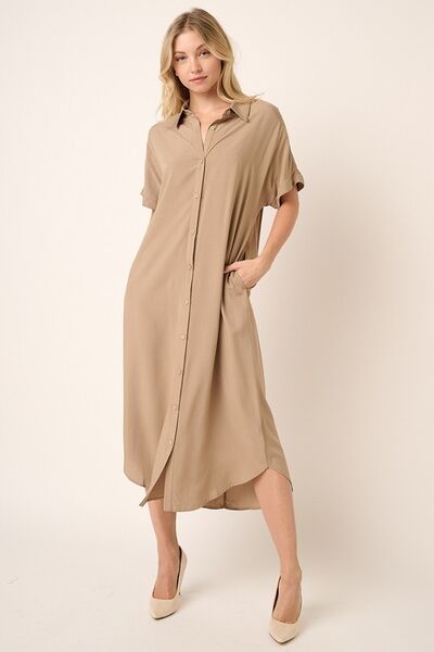Mittoshop Hemd im Dolman-Stil mit Kragen, kurzen Ärmeln und Midi-Länge