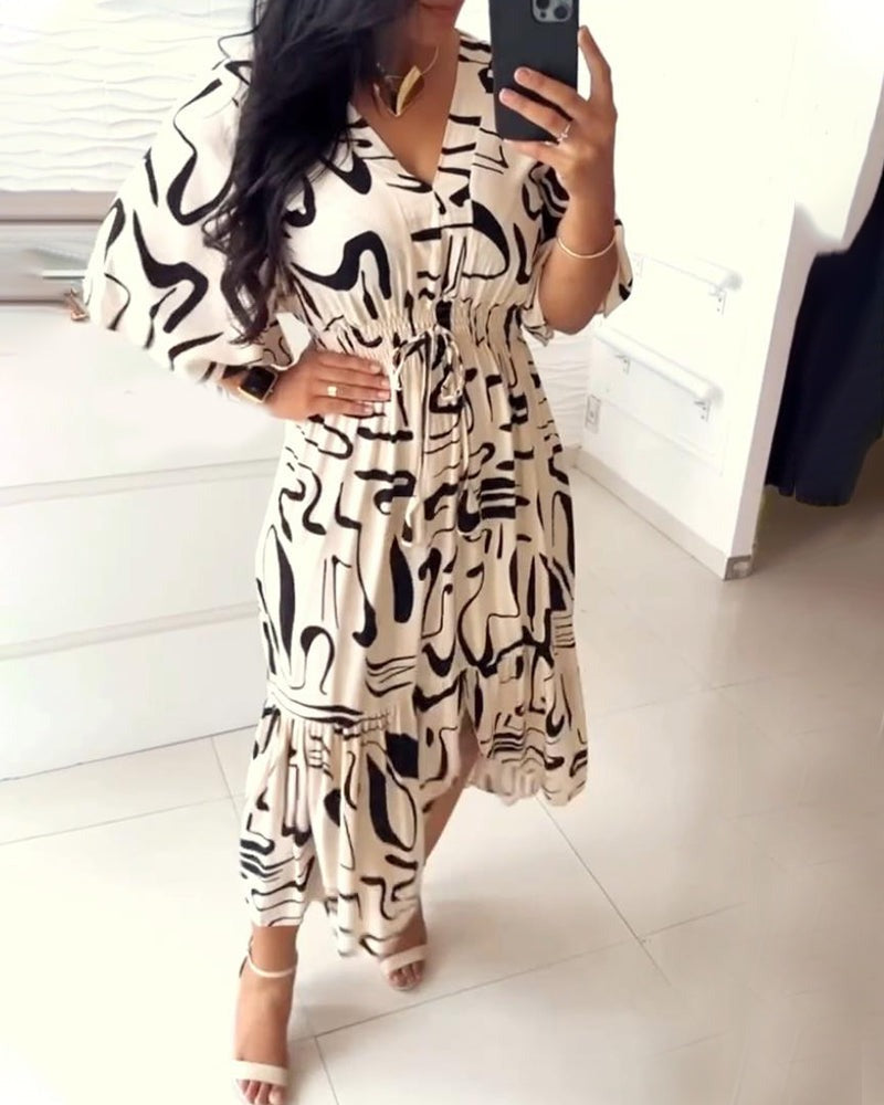 V-Neck Waist Ink Print Dress