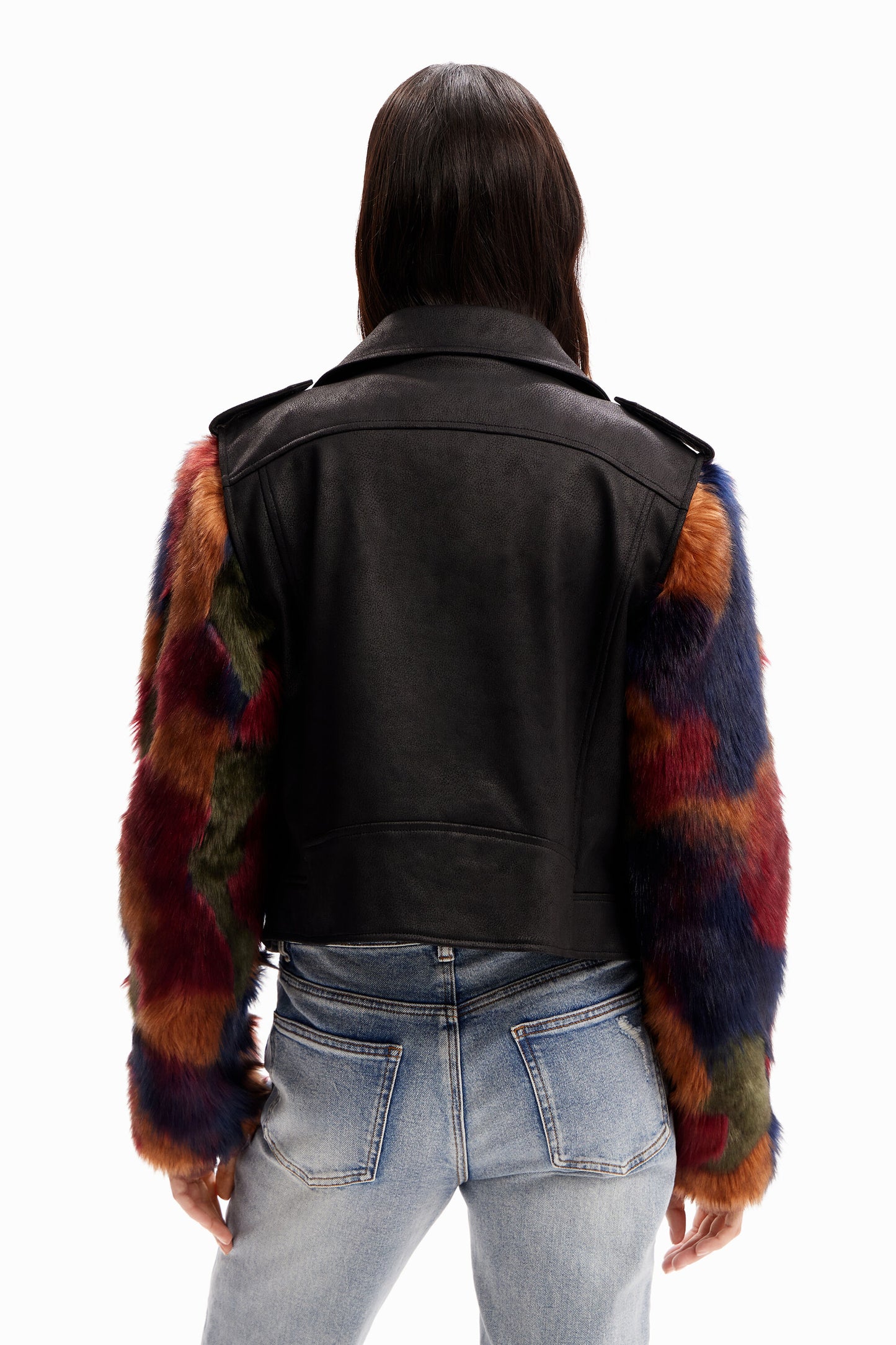 Detachable fur-effect biker jacket