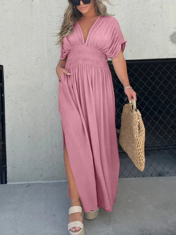 Kleid mit V-Ausschnitt, Schlitz und geraffter Taille (2 kaufen, kostenloser Versand)