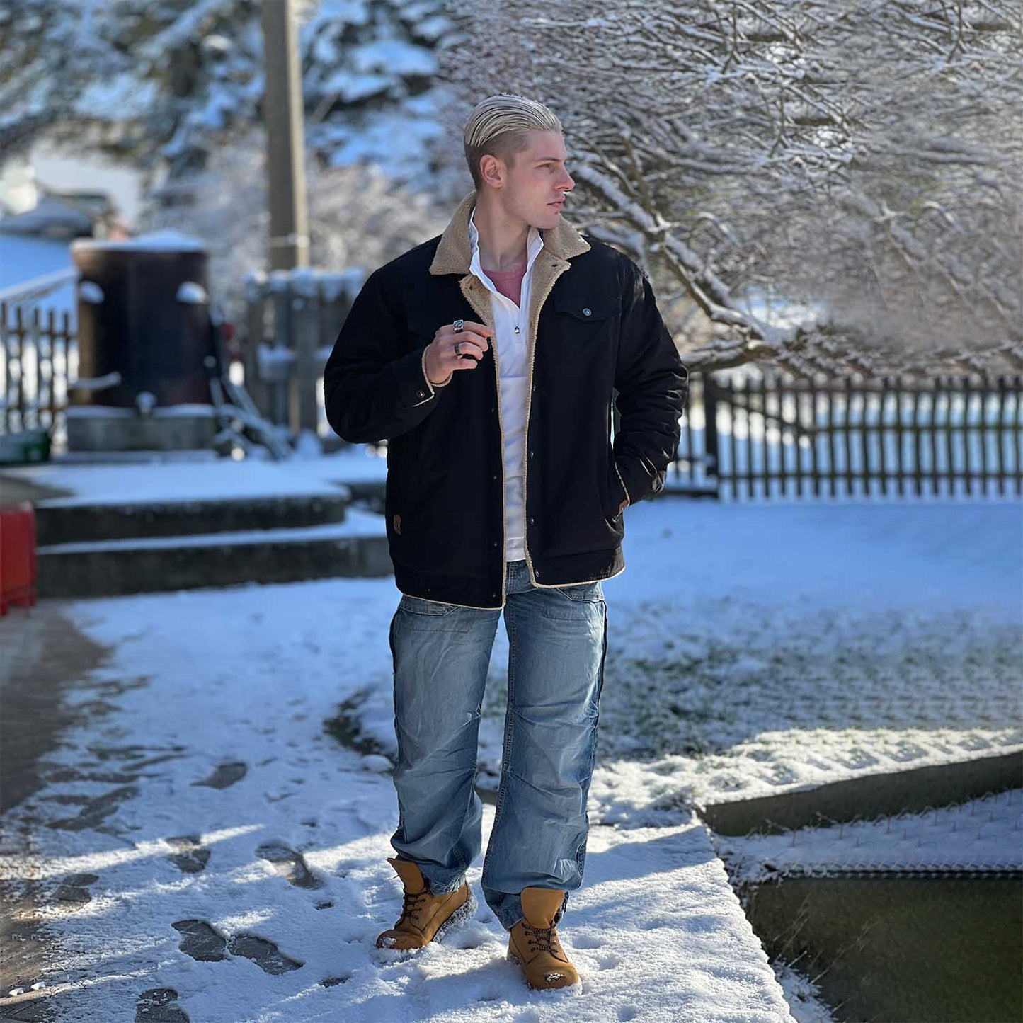 Herren Sherpa Trucker Jacke 5 Taschen Baumwoll Cargo Jacke Umlegekragen Wintermäntel