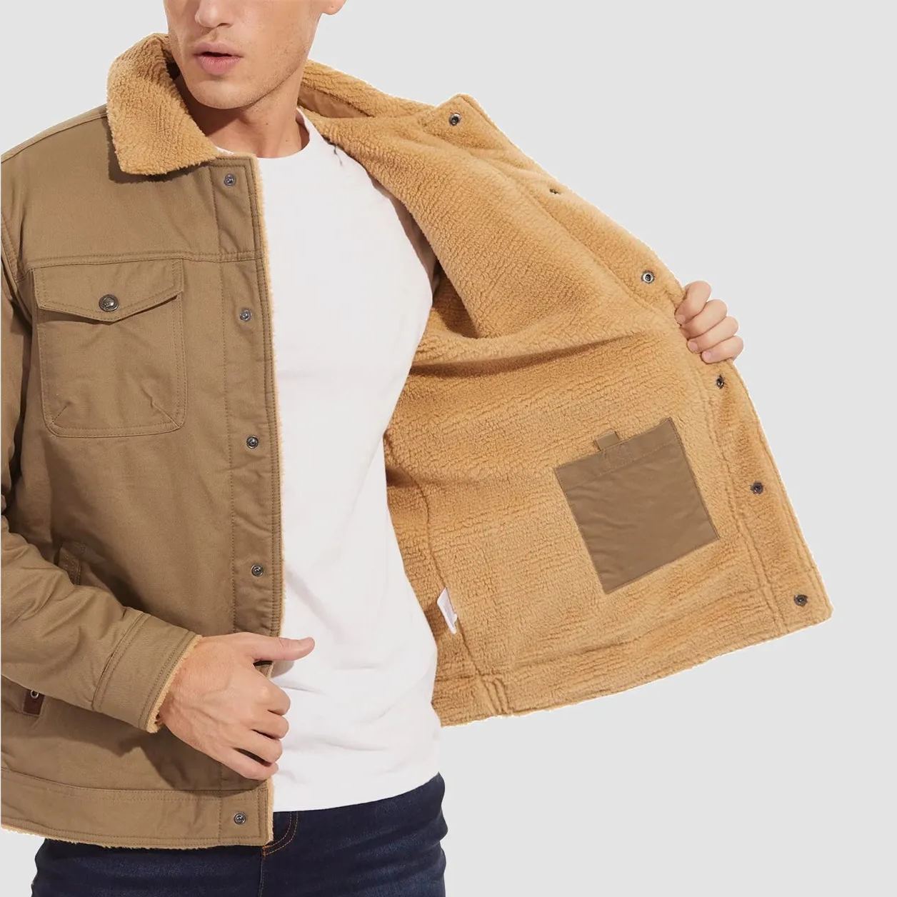 Herren Sherpa Trucker Jacke 5 Taschen Baumwoll Cargo Jacke Umlegekragen Wintermäntel