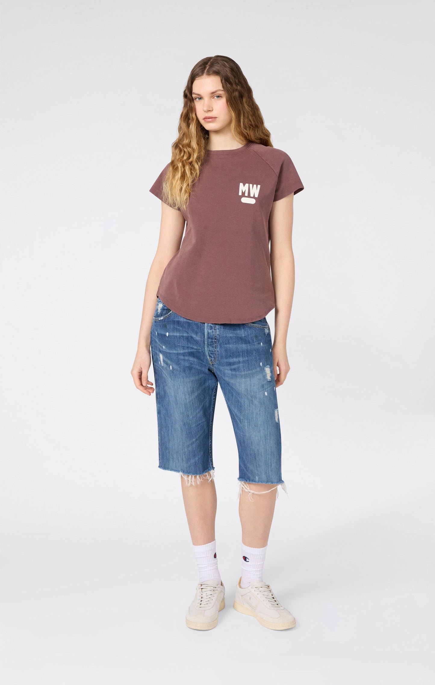 Damen Rundhals T-Shirt Quergeschnitten