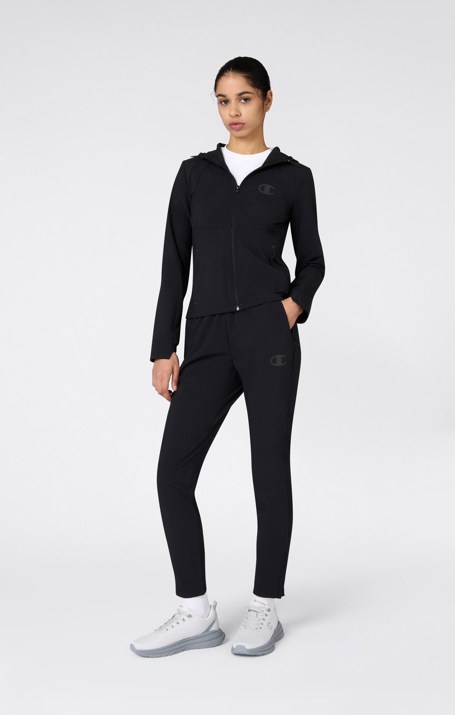 Damen Kapuzen-Stretch-Trainingsjacke aus Nylon, schmal geschnitten