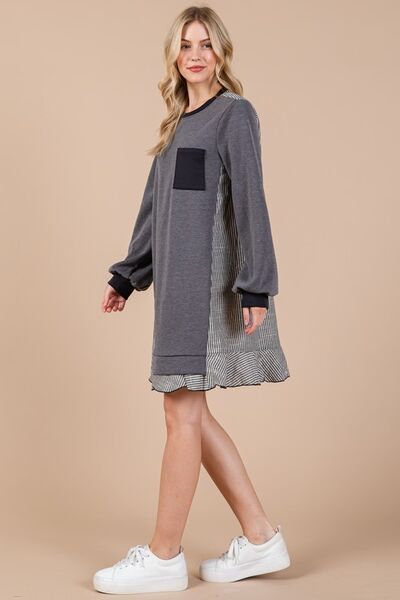Ces Femme Gestreiftes Patchwork Rundhals-Sweatshirtkleid aus Frottee