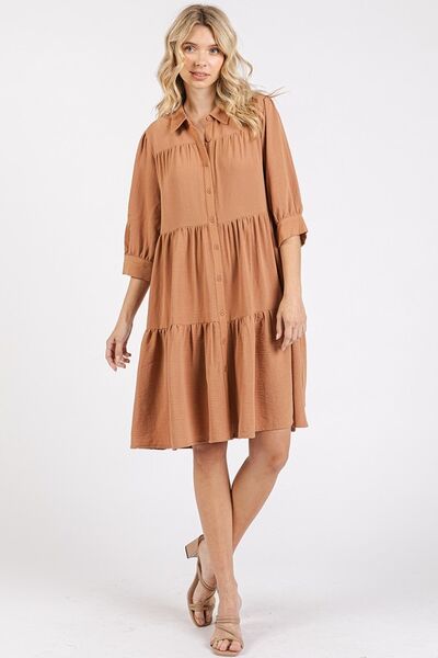 Mittoshop Hemd-Kleid mit Stufenrock, Hemdkragen und Knopf-Detail