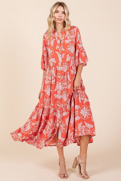 Mittoshop Mehrlagiges Rüschenkleid mit abstraktem Blättermuster