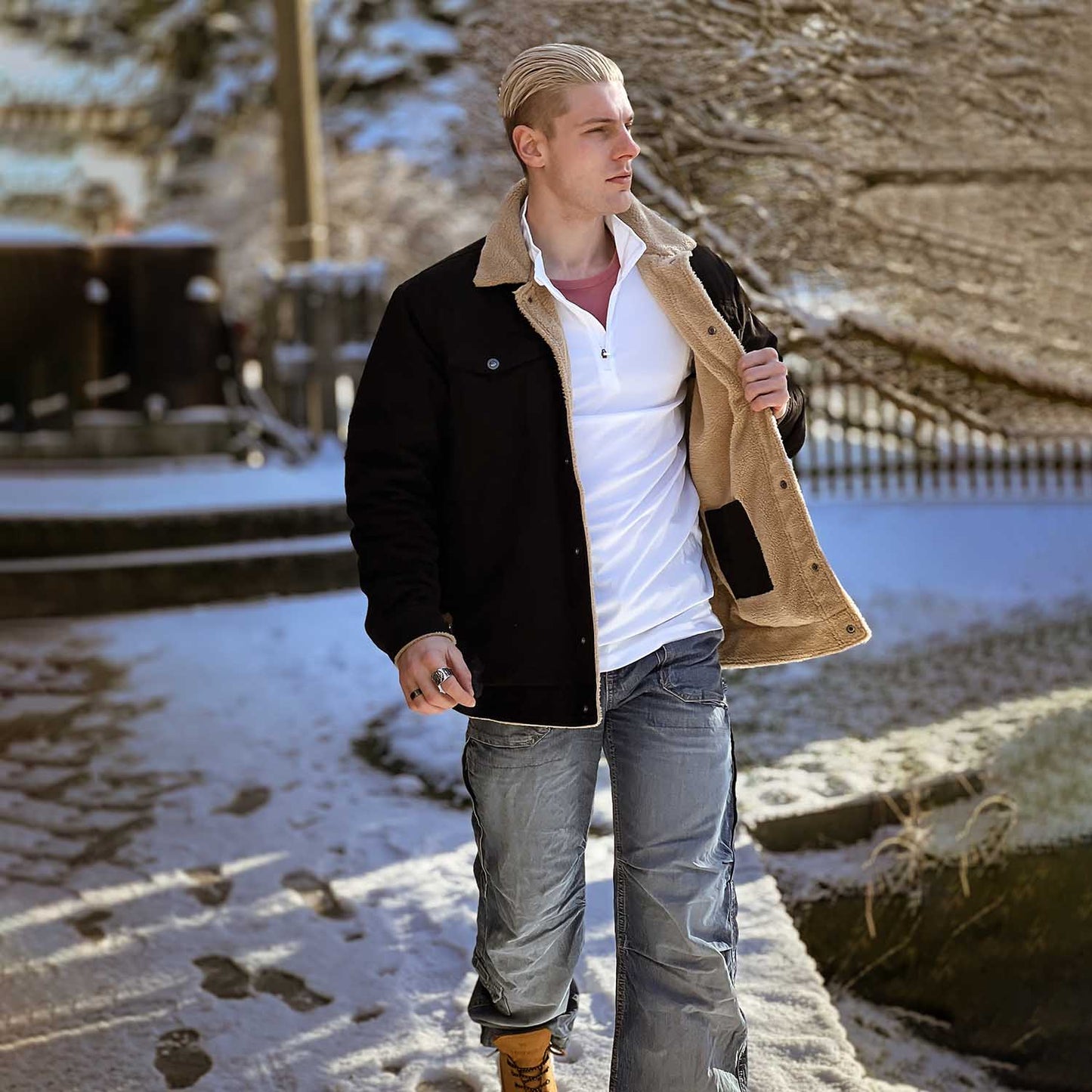Herren Sherpa Trucker Jacke 5 Taschen Baumwoll Cargo Jacke Umlegekragen Wintermäntel
